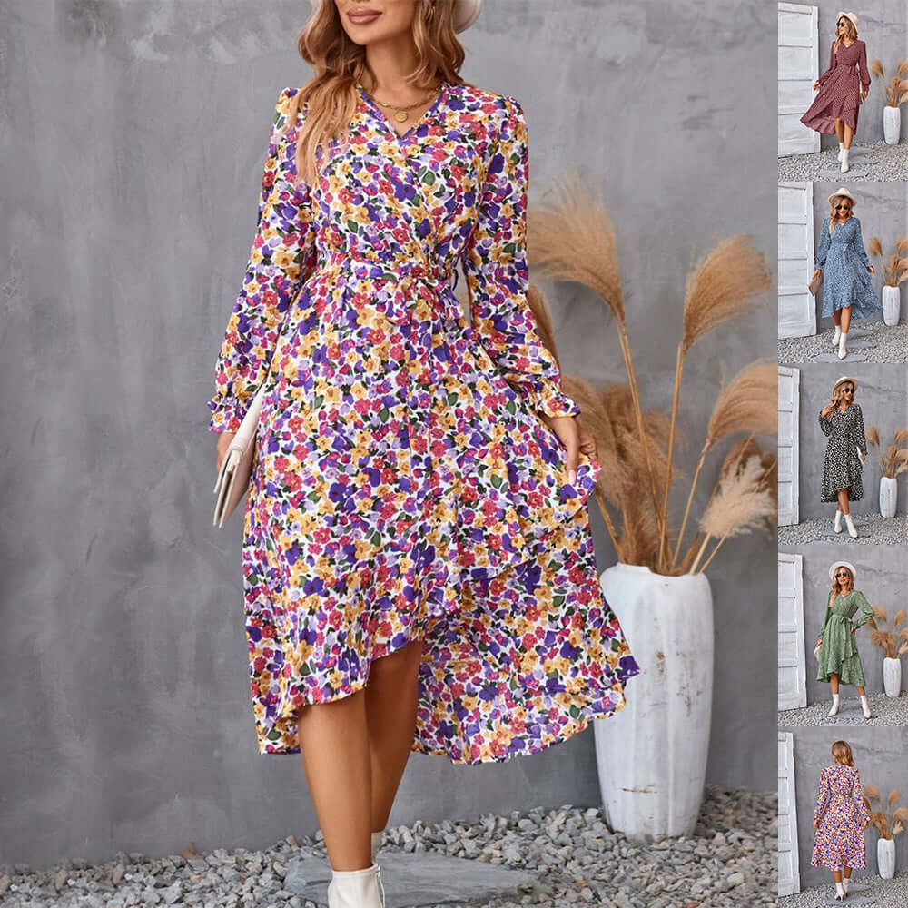 Vestido de mujer con estampado de flores, manga larga y volantes