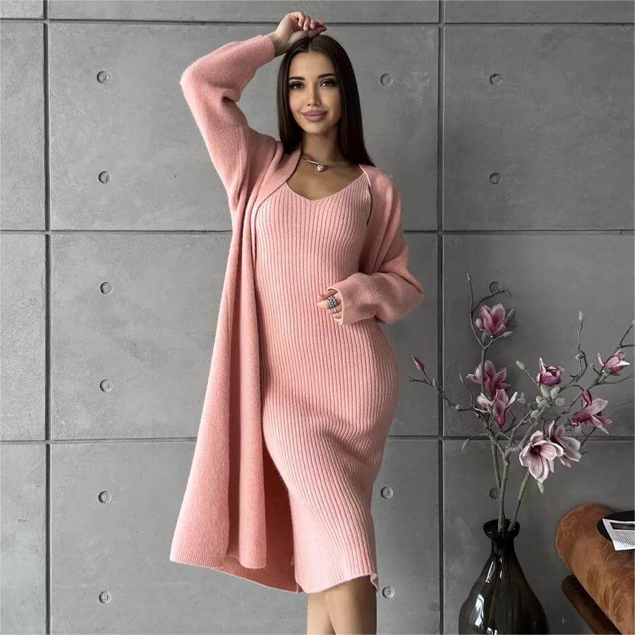 2 Pcs Knitted Suit Fashion Slim Sleeveless Long Dress And Casual Loose Cardigan