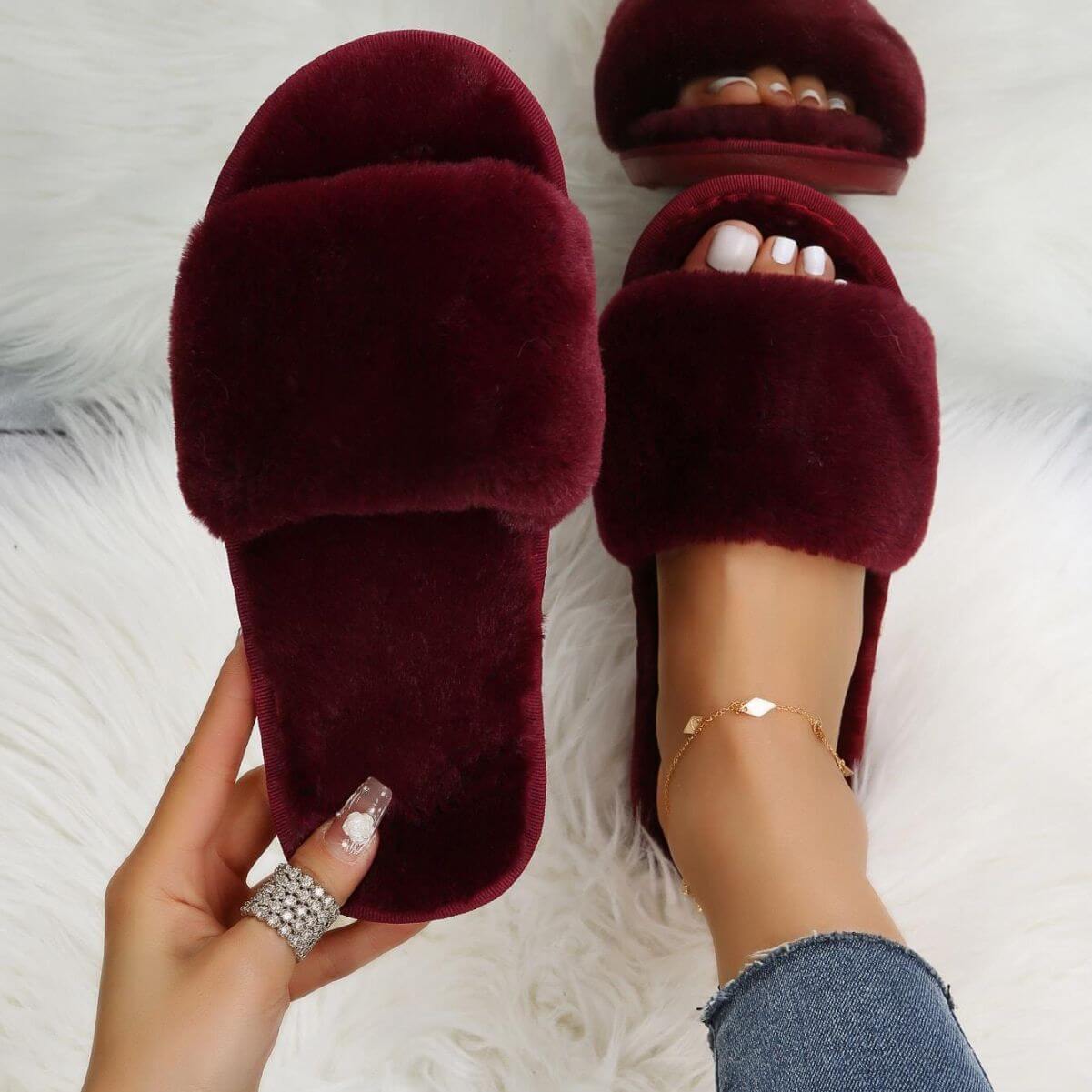 Fluffy Women's Indoor Lazy Plush Slippers Flat Cotton Slippers