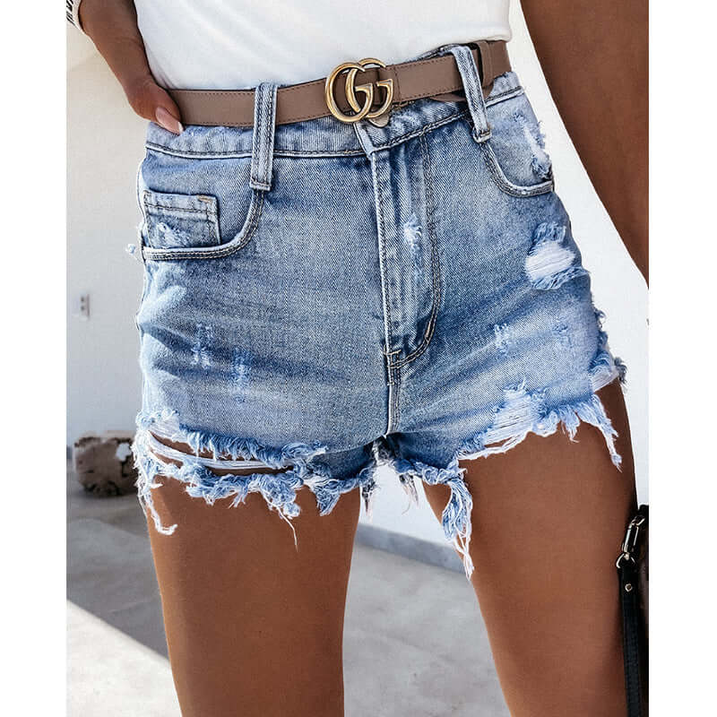 Ladies High Waist Ripped Washed Tassel Sexy Slim Fit Denim Shorts