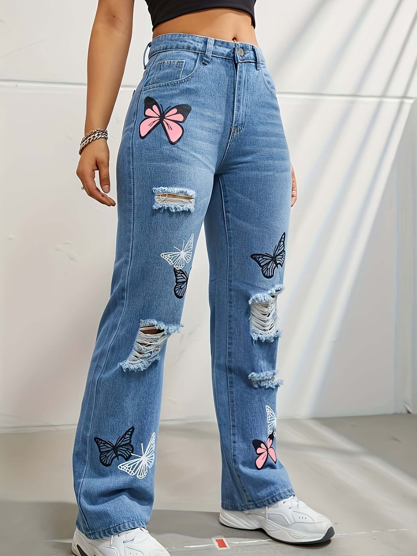 Trendy Butterfly Print Ripped Distressed High Waisted Straight Leg Jeans