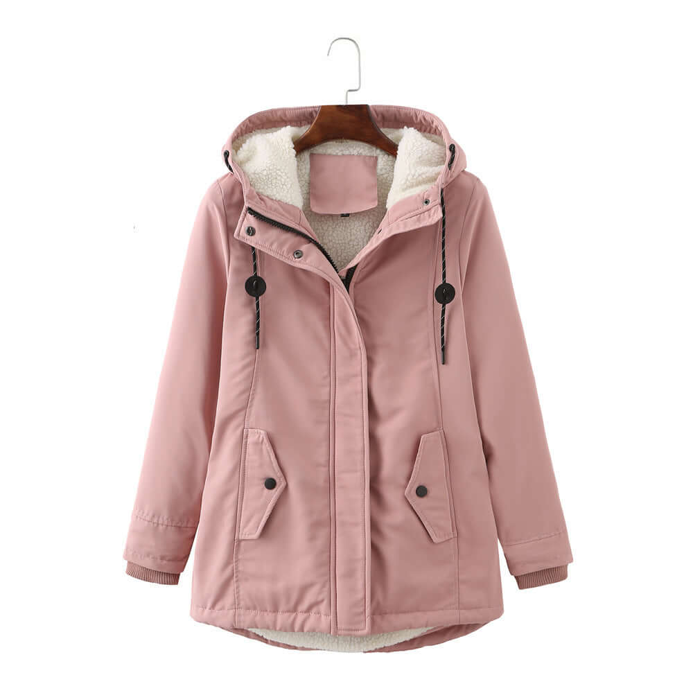 European Size Ladies Hooded Lambswool Parka Winter Warm Waist Women's Cotton Padded Coat