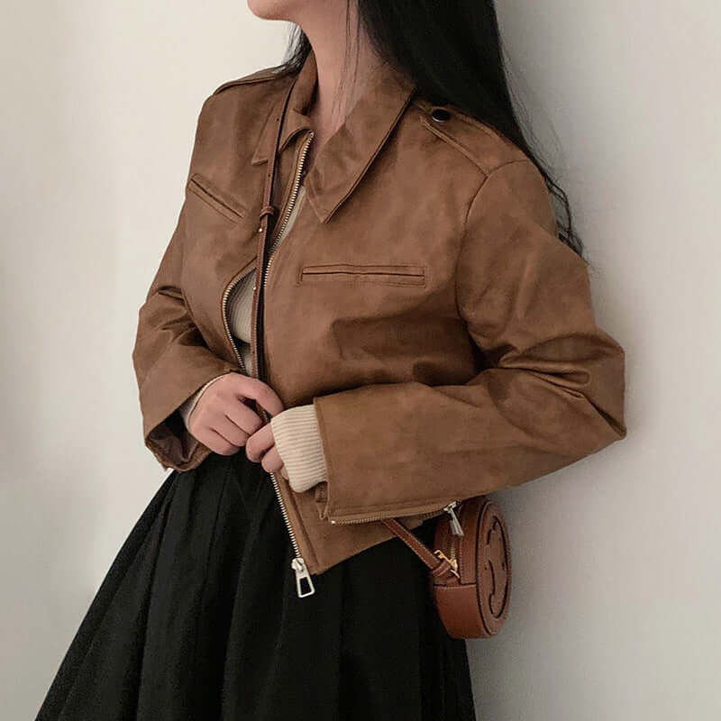 Women's Retro Hong Kong Style Lapel Leather Jacket