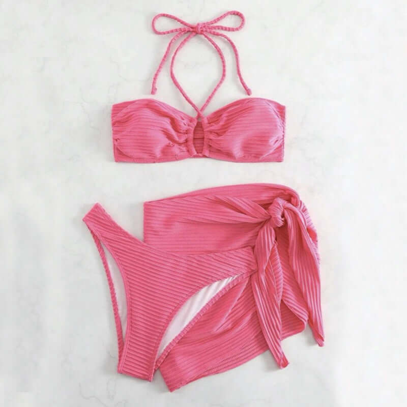 Solid Color Stripe Swimsuit Sexy Summer Beach Bikini 3 Piece Set