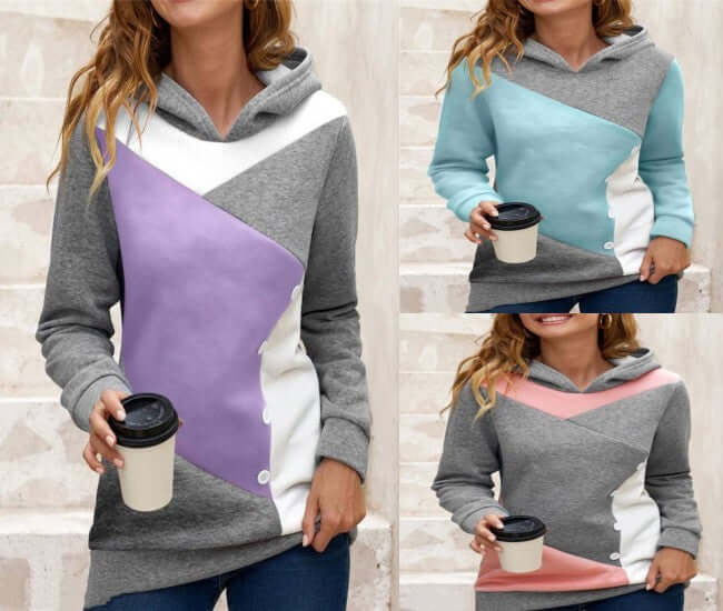 Casual Loose Hooded Color Contrast Women's Sweater Fleece Sweatshirt