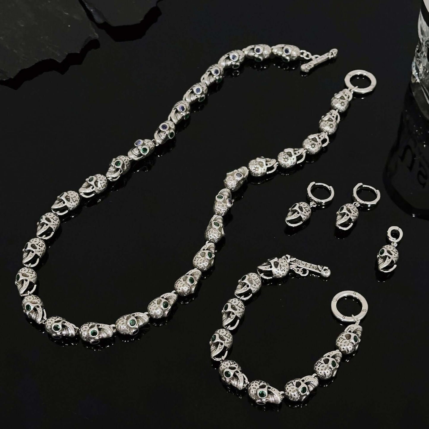 Silver Three Dimensional Heavy Industry Skull Necklace Bracelet Earrings