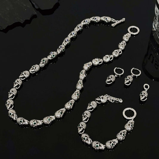 Silver Three Dimensional Heavy Industry Skull Necklace Bracelet Earrings