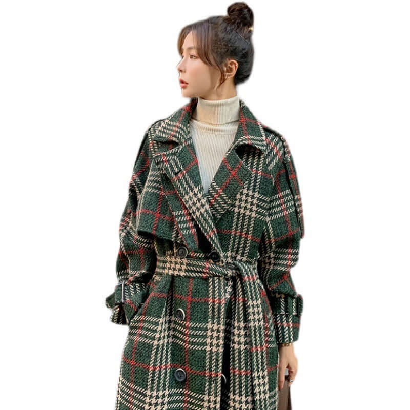 Green Plaid Loose Mid Length Woollen Coat