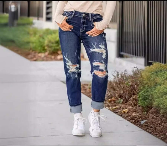 Cross Border Independent Station Ripped Mid Waist Pencil Leg Hip Hop Jeans