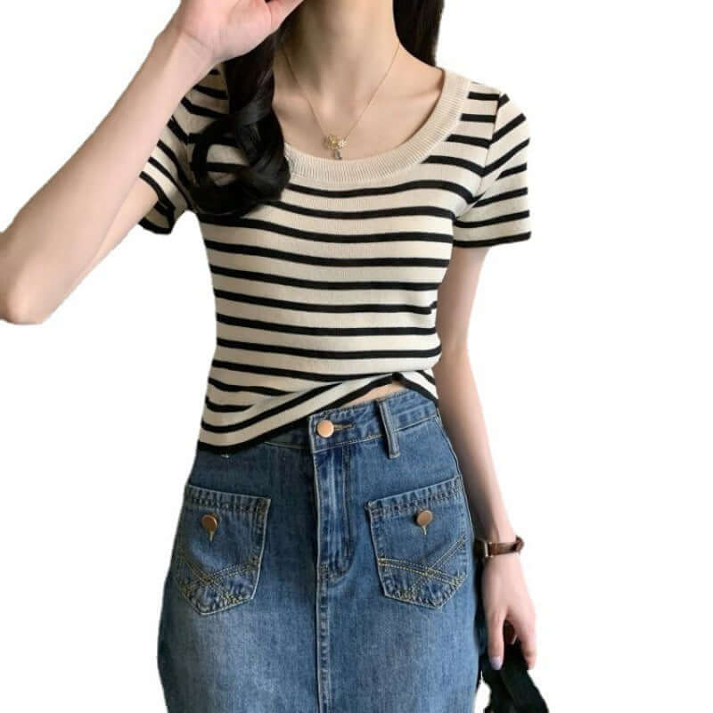 Casual Short Sleeved Slim Fit Striped T Shirt