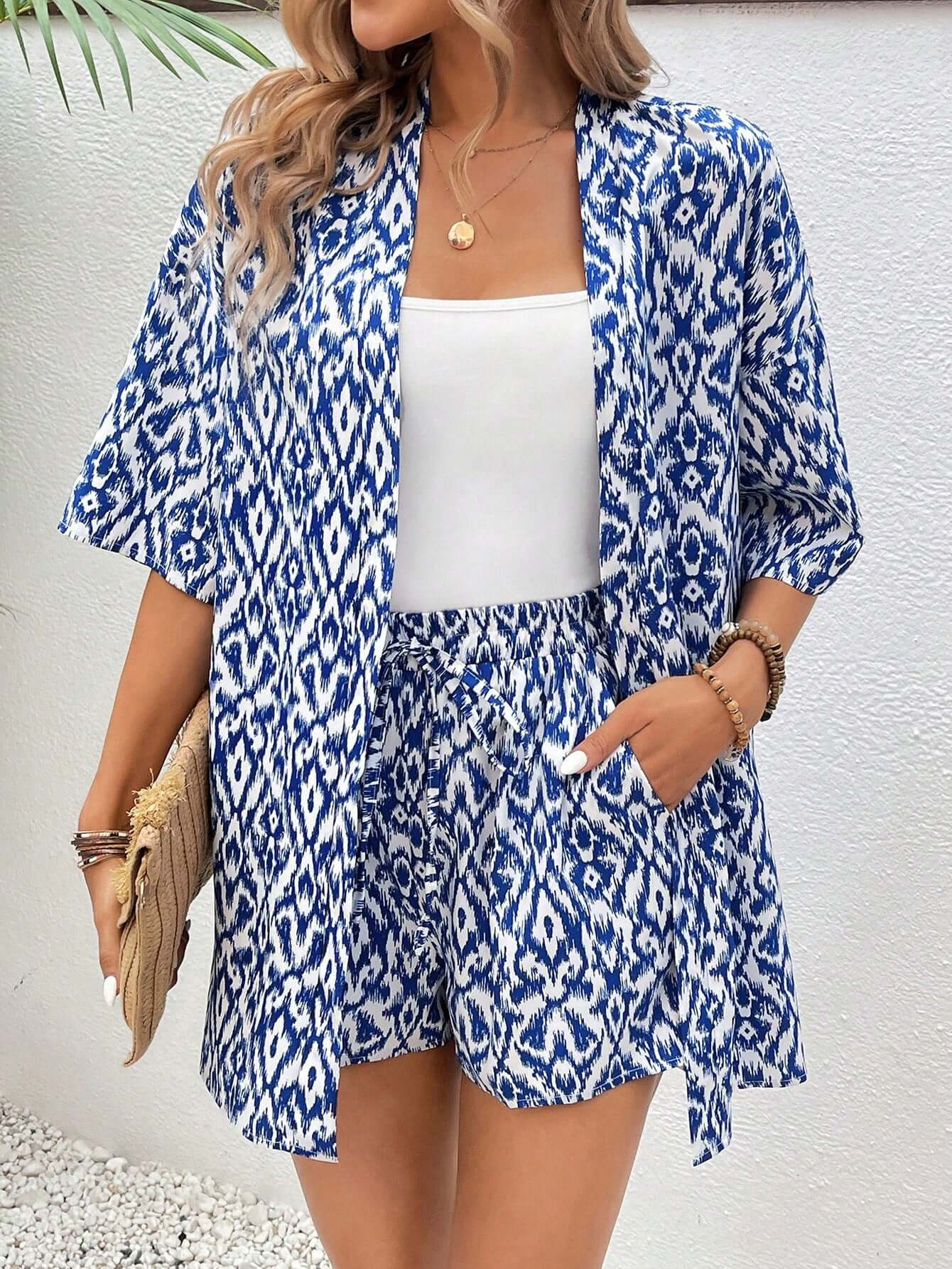 Fashion Loose Print Cardigan Short Suit