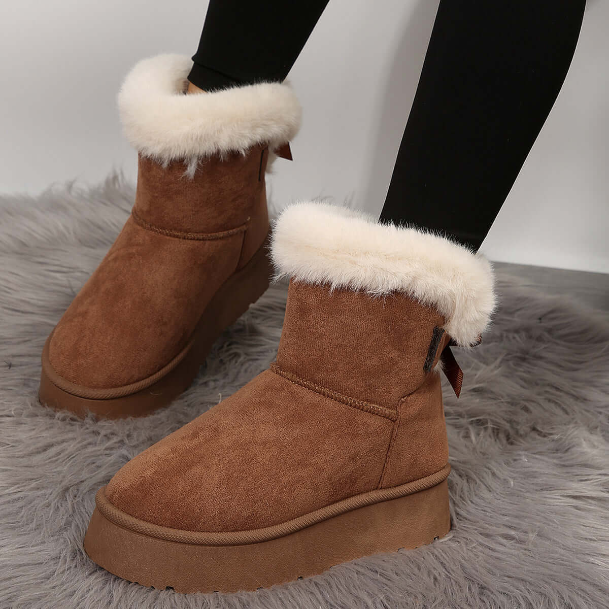 New Bow Knot Snow Boots Winter Plus Velvet Warm Thick Soled Ankle Boots For Women Simple Daily Leisure Cotton Slippers