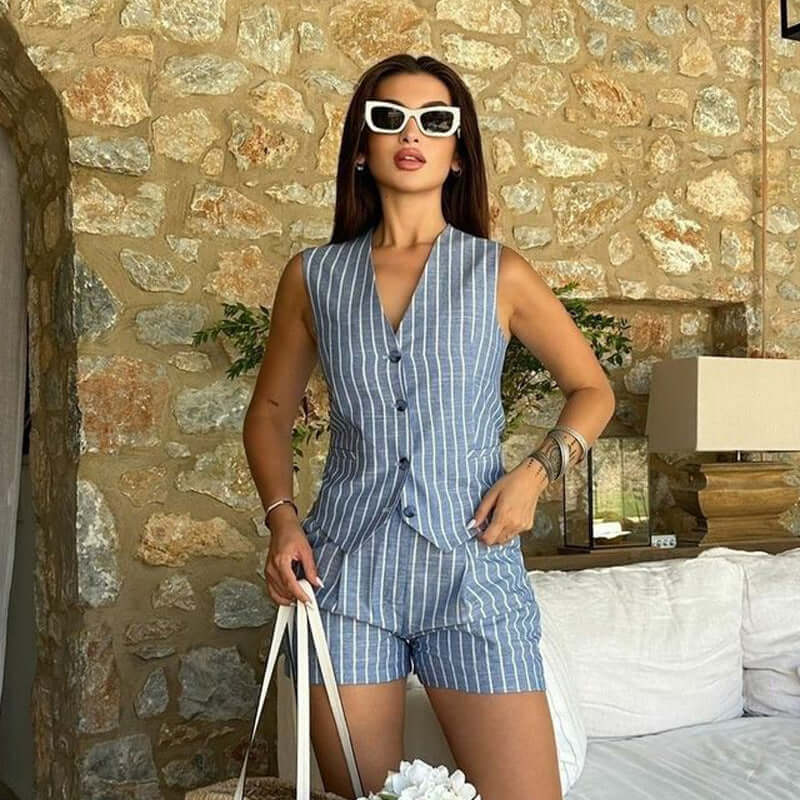 Summer Stripes Cotton And Linen Vest Shorts Set