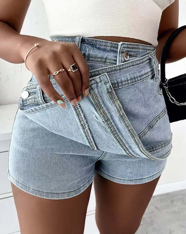 Street Vintage Denim Shorts Stretch Overlap Asymmetrical