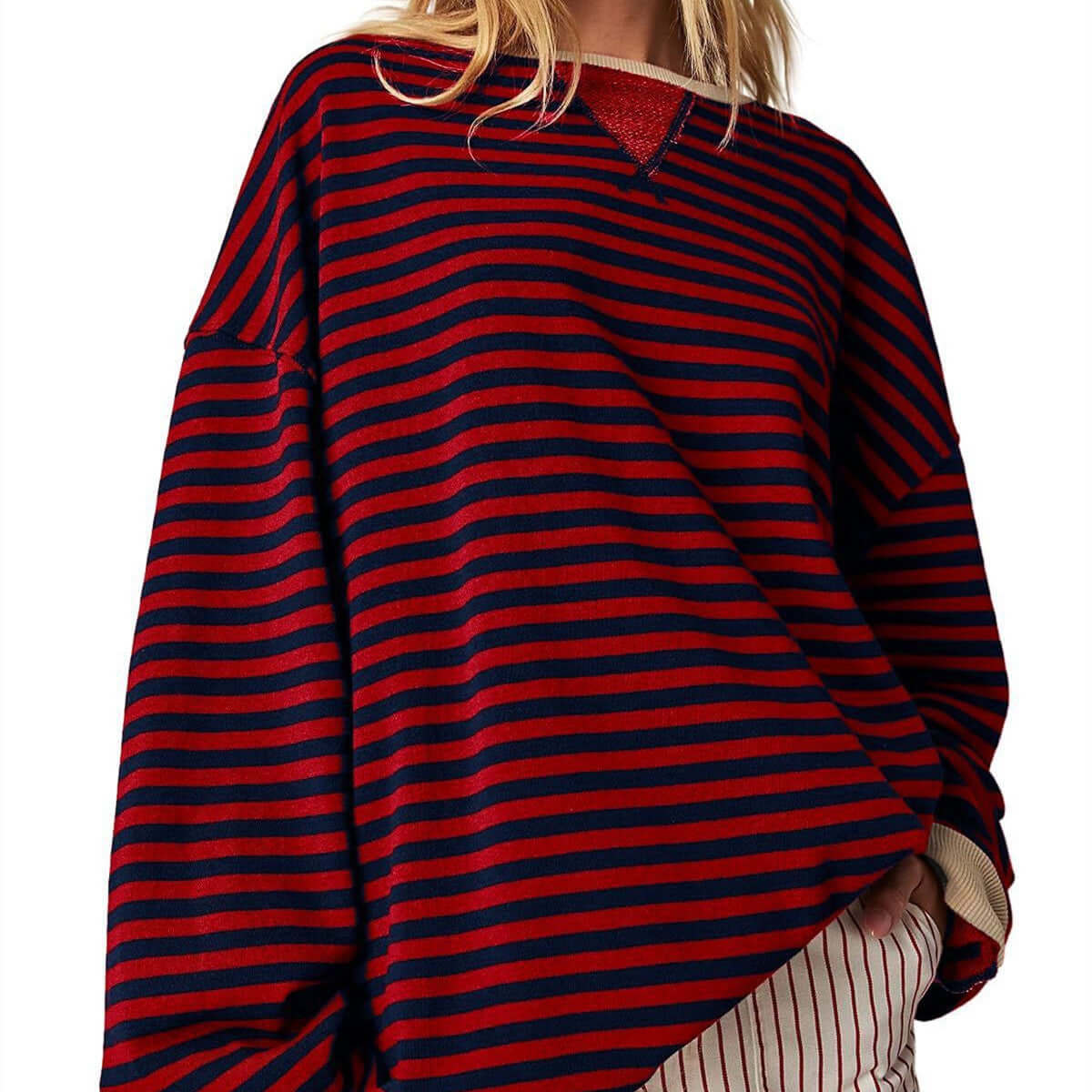 Women's Striped Embroidered Stitching Color Inserted Pullover Sweater