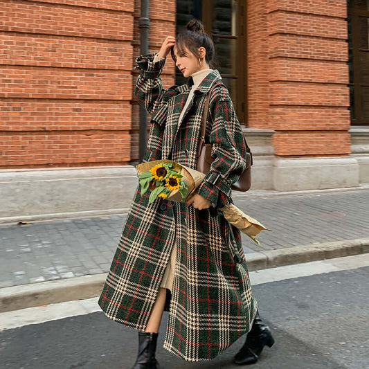 Green Plaid Loose Mid Length Woollen Coat