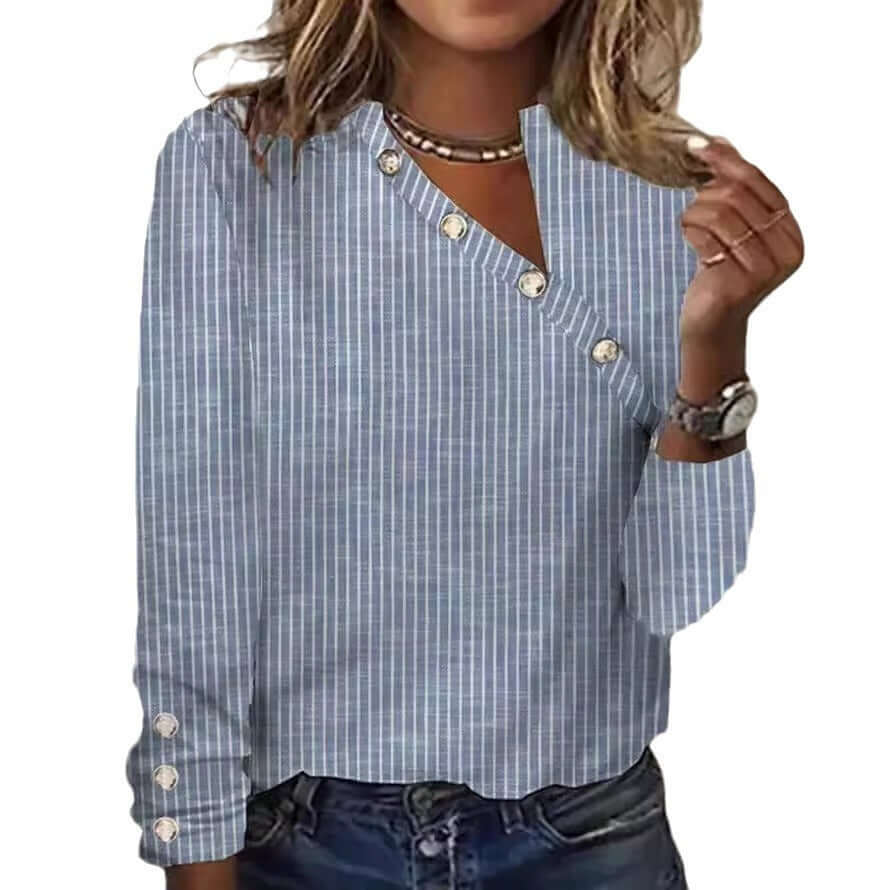 Women's Striped Button Printed Long Sleeve Plus Size Shirt