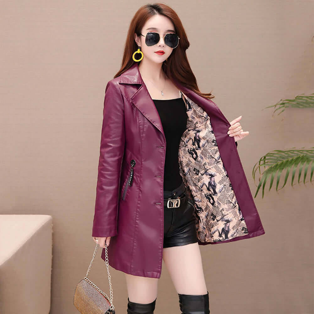 Women's Mid Length Leather Coat Thickened Cotton