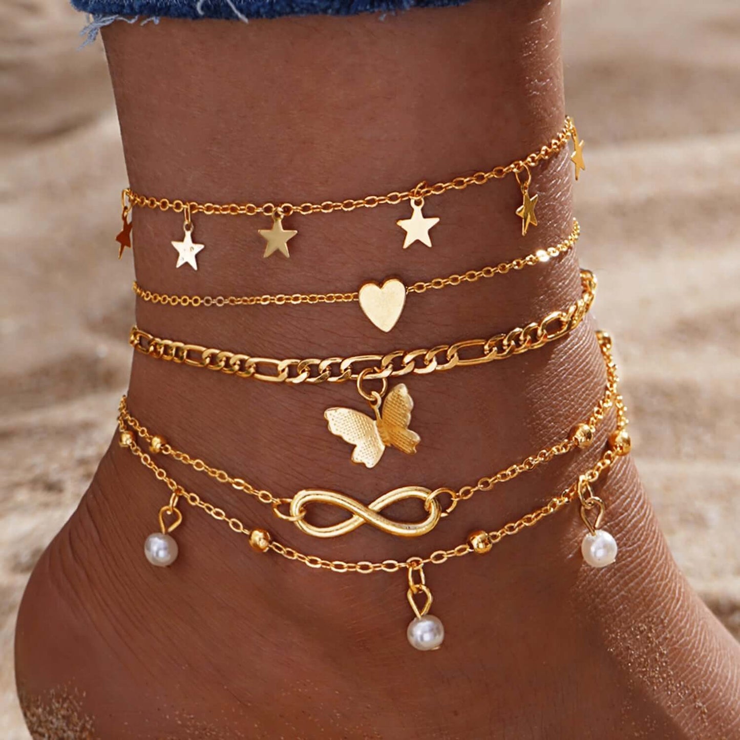 Retro Five Pointed Star Butterfly Chain Anklet