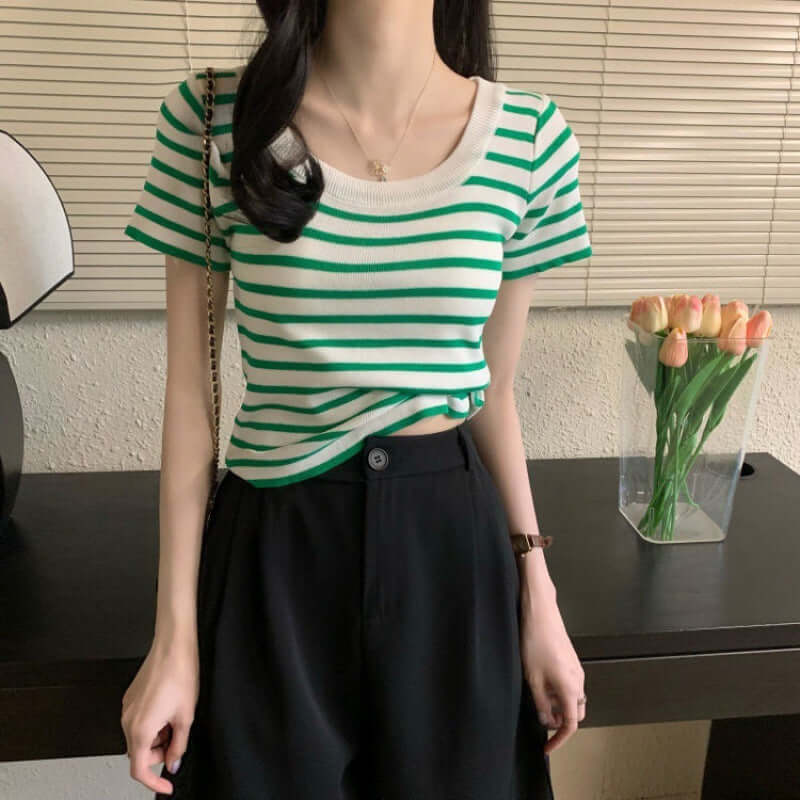 Casual Short Sleeved Slim Fit Striped T Shirt