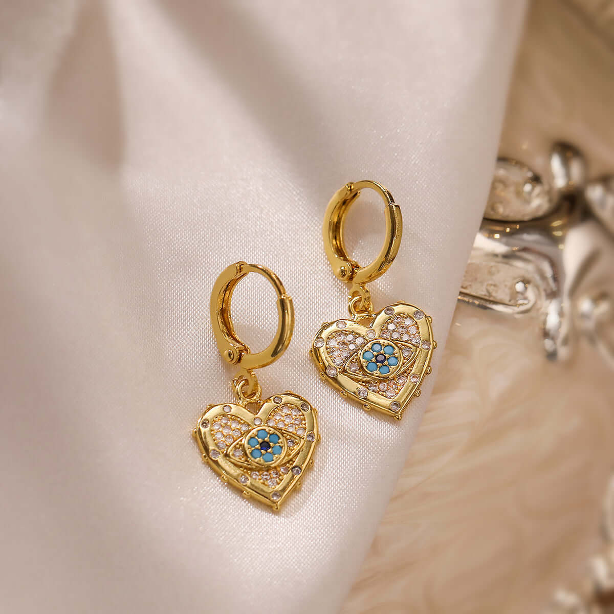 Fashion Jewelry Personality Copper Plated Real Gold Heart Shaped Zircon Pendant Necklace And Earrings Set