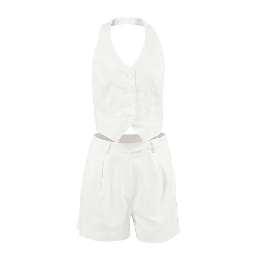 Women's Halter Fashion Cotton And Linen White Vest Shorts Two Piece Set