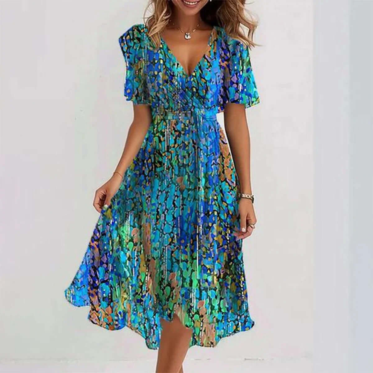 Chiffon Short Sleeve Summer Elegant V Neck Dresses