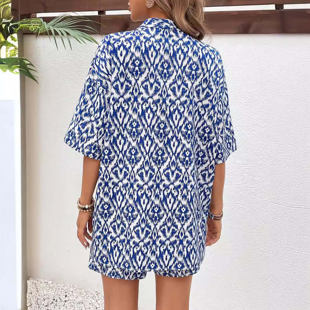 Fashion Loose Print Cardigan Short Suit