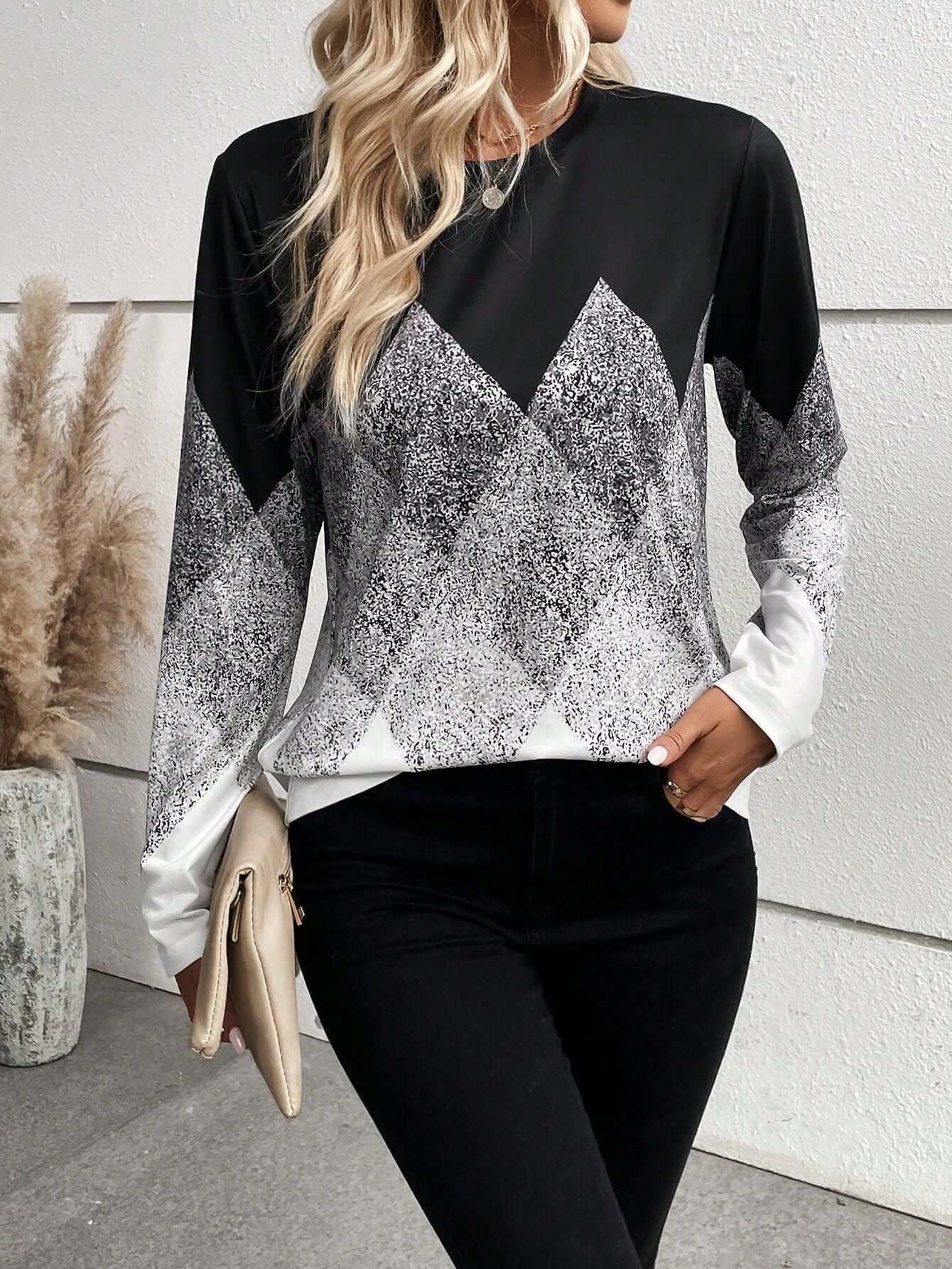 Digital Positioning Printing Round Neck Long Sleeve Top Female Pullover