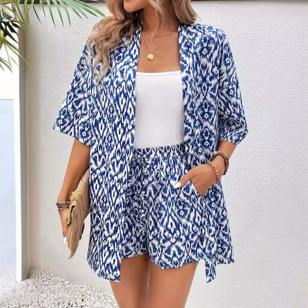 Fashion Loose Print Cardigan Short Suit