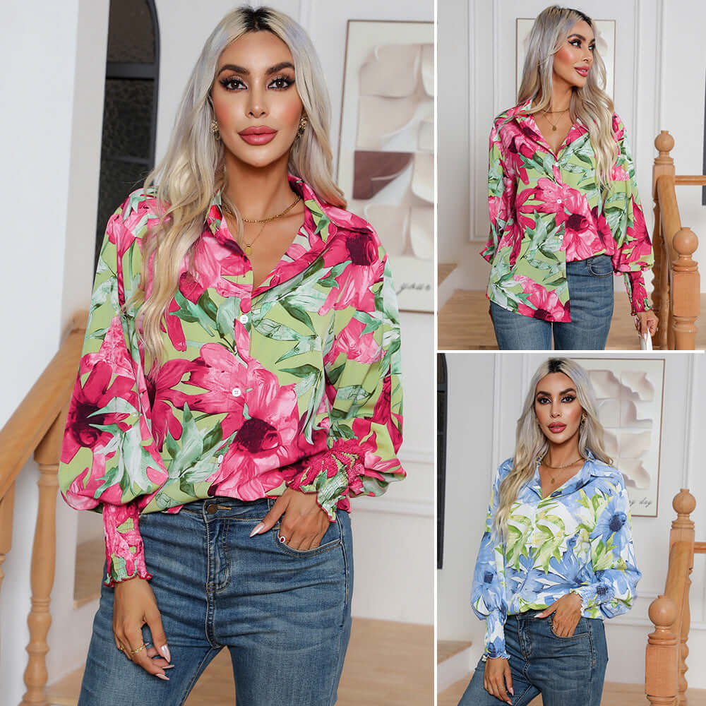 Fashion Printing Lantern Sleeve Shirt Women