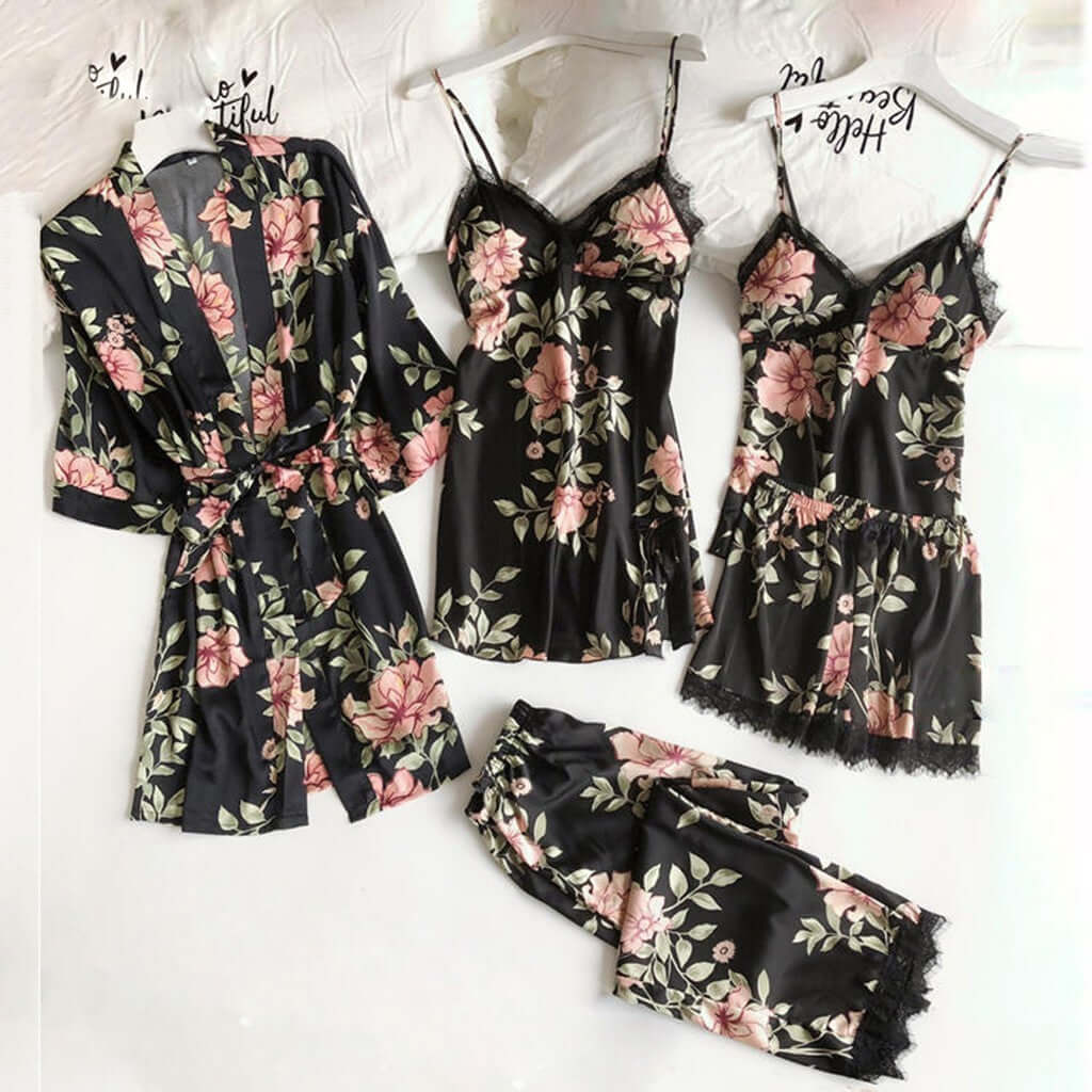 Pajamas Printed Women's Imitation Sling Sleeping Loose Comfortable Lace Five Piece Set