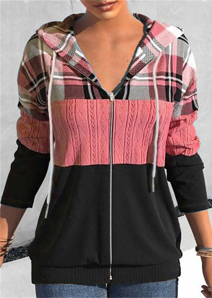 Women's Zipper Cardigan Hooded Plaid Printed Sweater