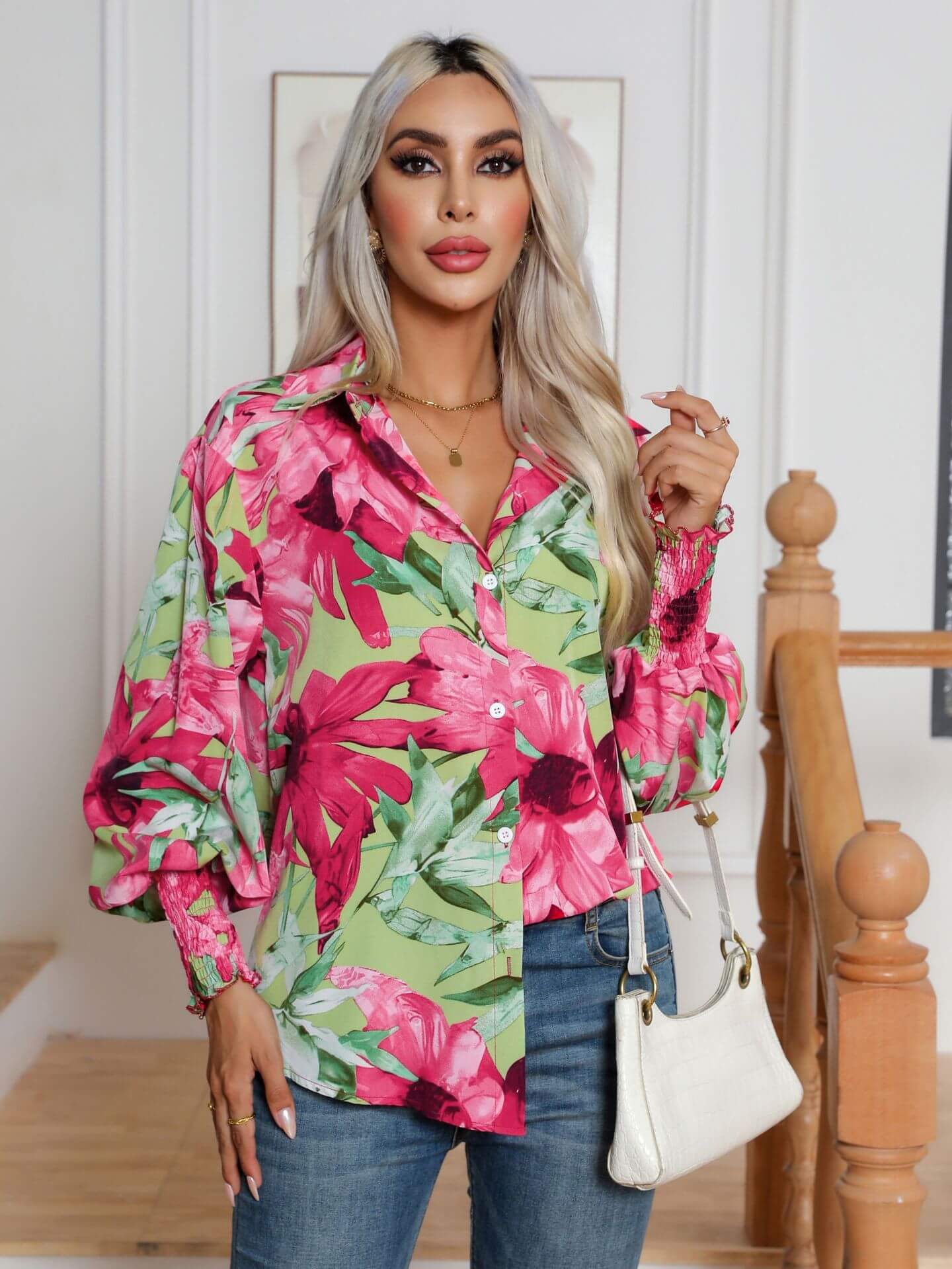 Fashion Printing Lantern Sleeve Shirt Women