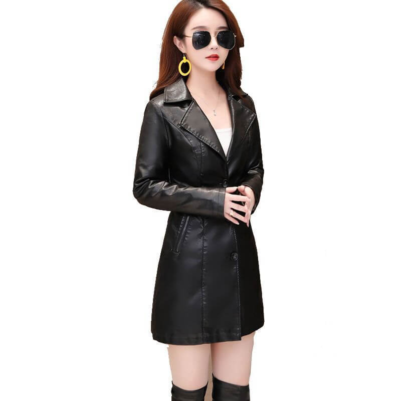 Women's Mid Length Leather Coat Thickened Cotton