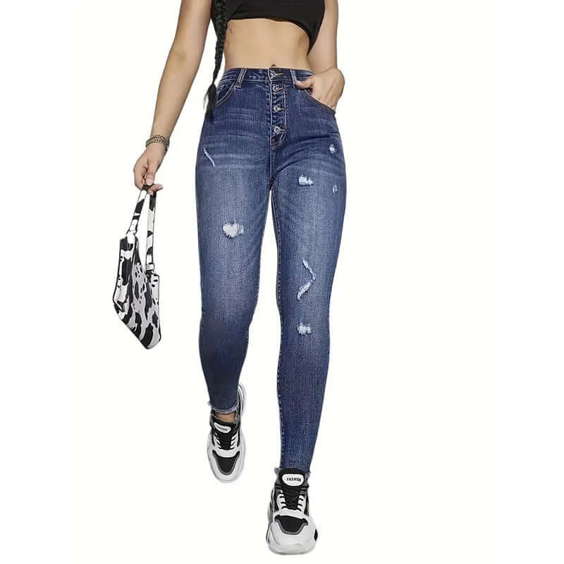 Women's High Waist Tight Pencil Ripped Jeans