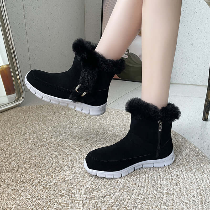 New Snow Boots Winter Warm Thickened Solid Color Plush Ankle Boots With Buckle Design Plus Velvet Flat Shoes