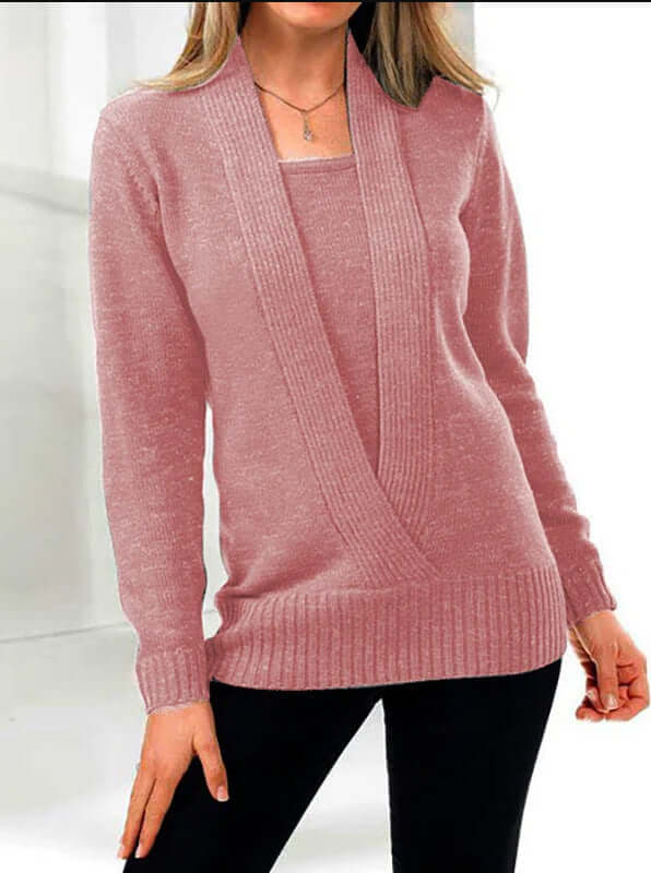 Autumn And Winter New Solid Color Long Sleeve V Neck Fake Two Piece Short Sweater