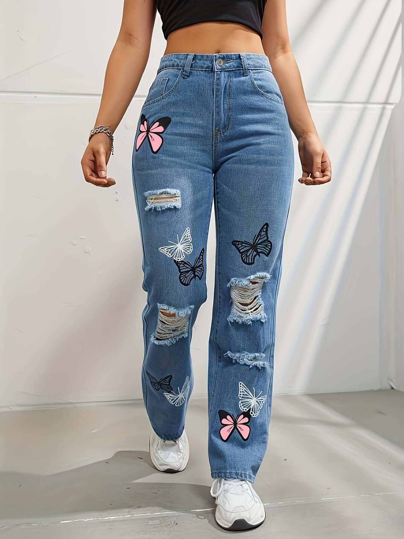 Trendy Butterfly Print Ripped Distressed High Waisted Straight Leg Jeans