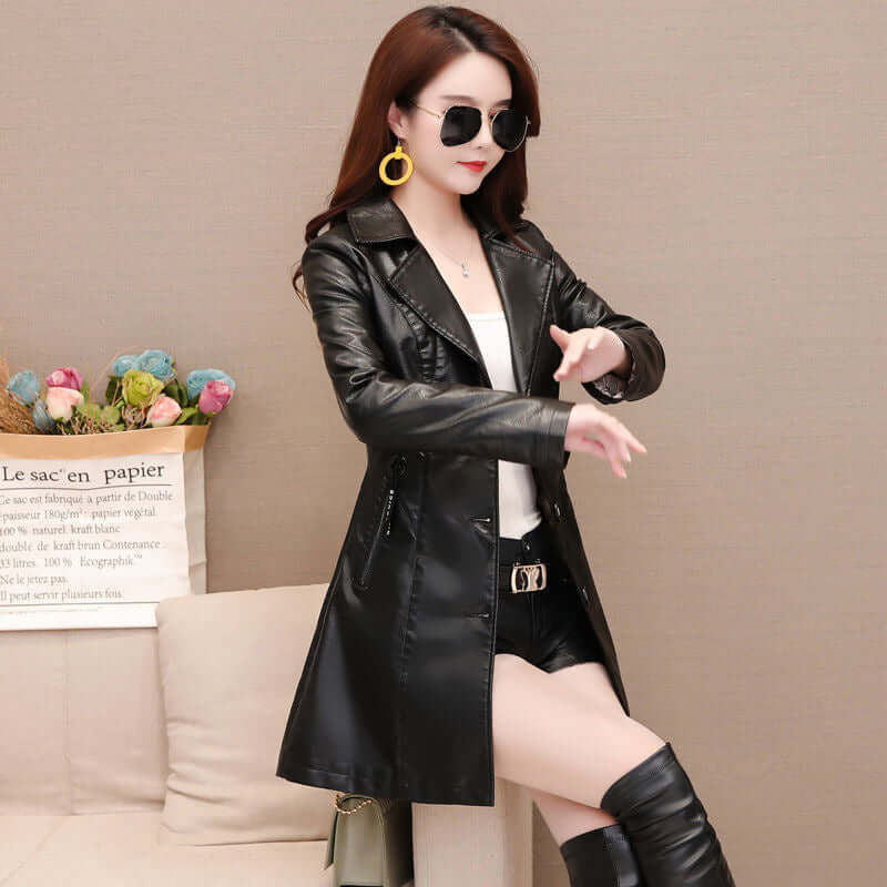 Women's Mid Length Leather Coat Thickened Cotton