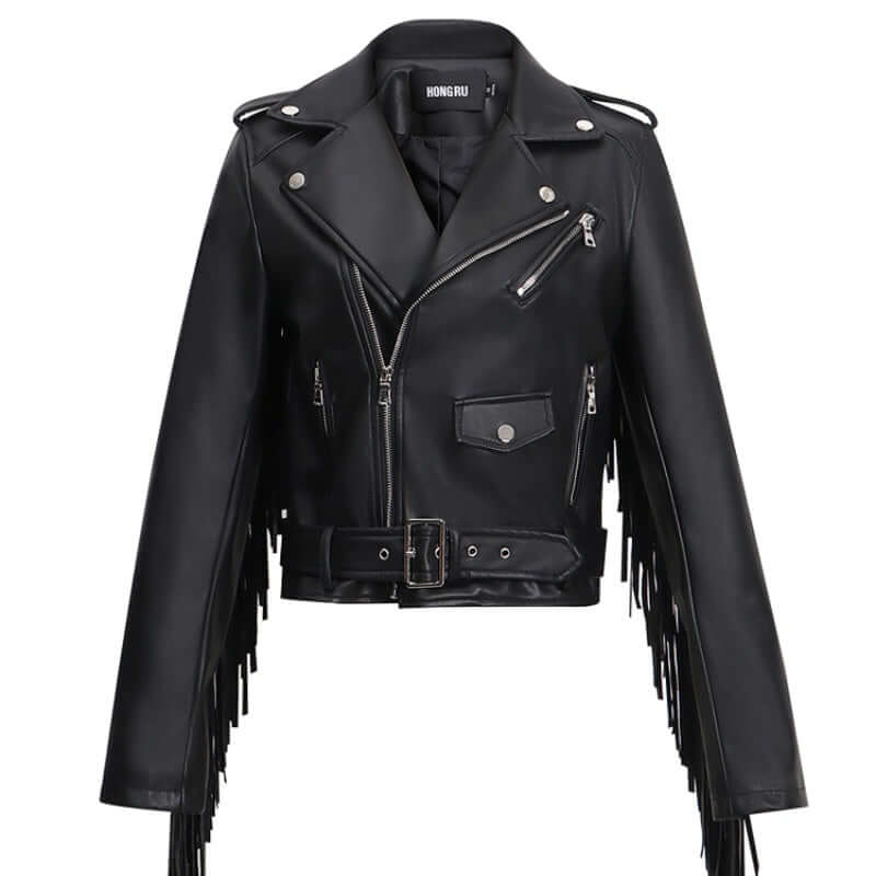 New Women's Tassel Short Slim Leather Look Jacket Motorcycle