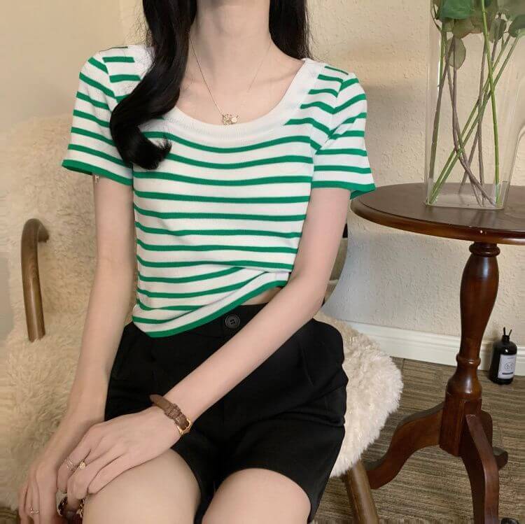 Casual Short Sleeved Slim Fit Striped T Shirt