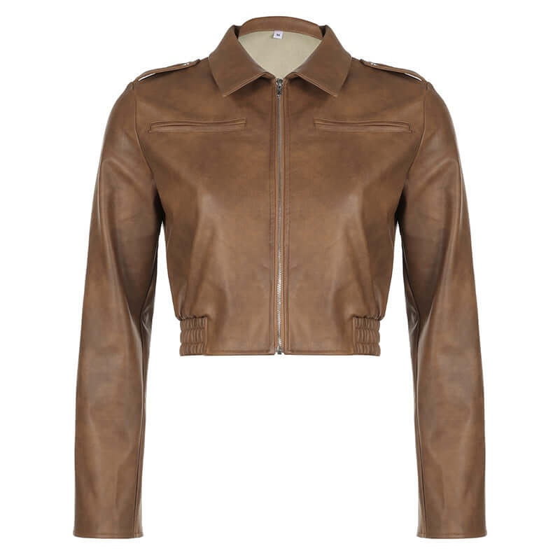 Women's Retro Hong Kong Style Lapel Leather Jacket