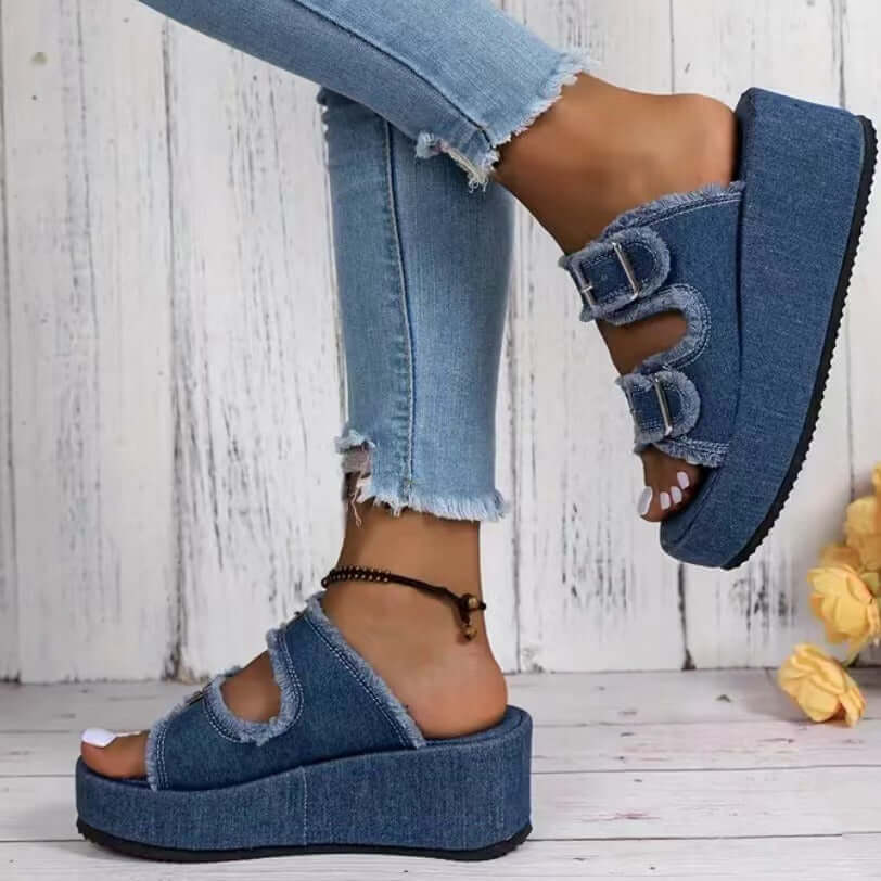 Denim Buckle Thick Bottom Camouflage Wedges