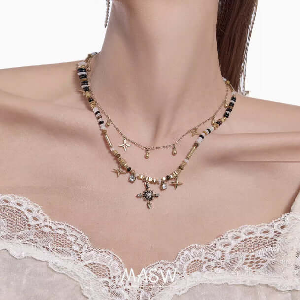 Nostalgic Series Trendy Cool Beaded Cross Neutral Double Layer New Sweater Chain Necklace