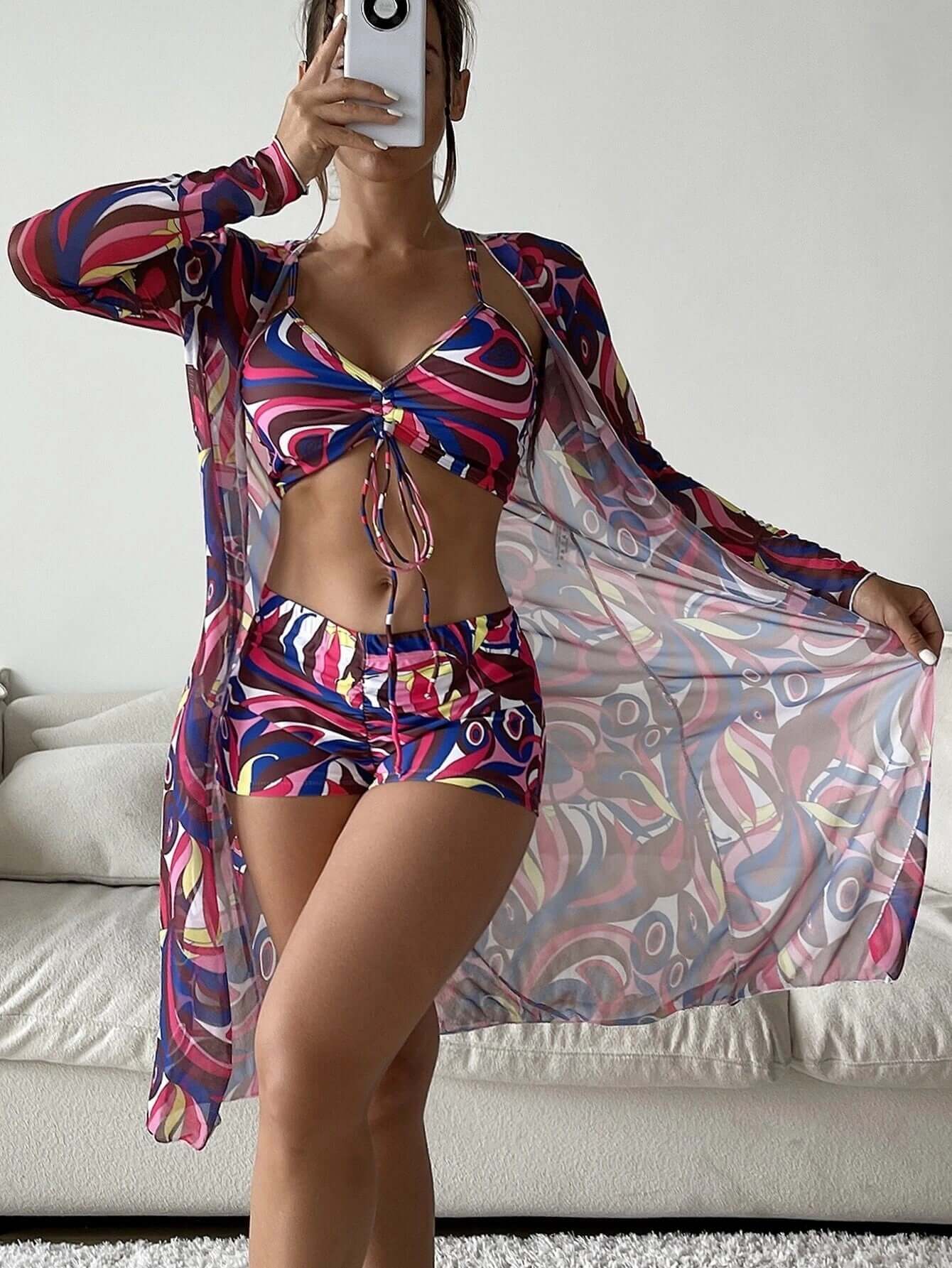 3 Pce Bikini With Long Sleeve Cardigan Summer Beach Swimsuit Set