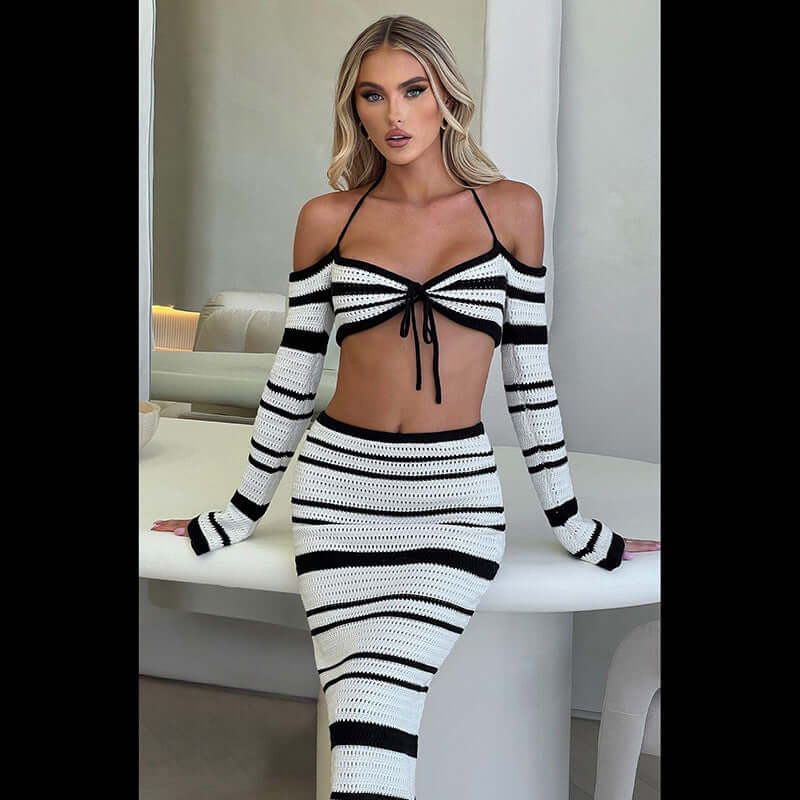 Women's Striped Off Shoulder Halter Lace Up Long Sleeve