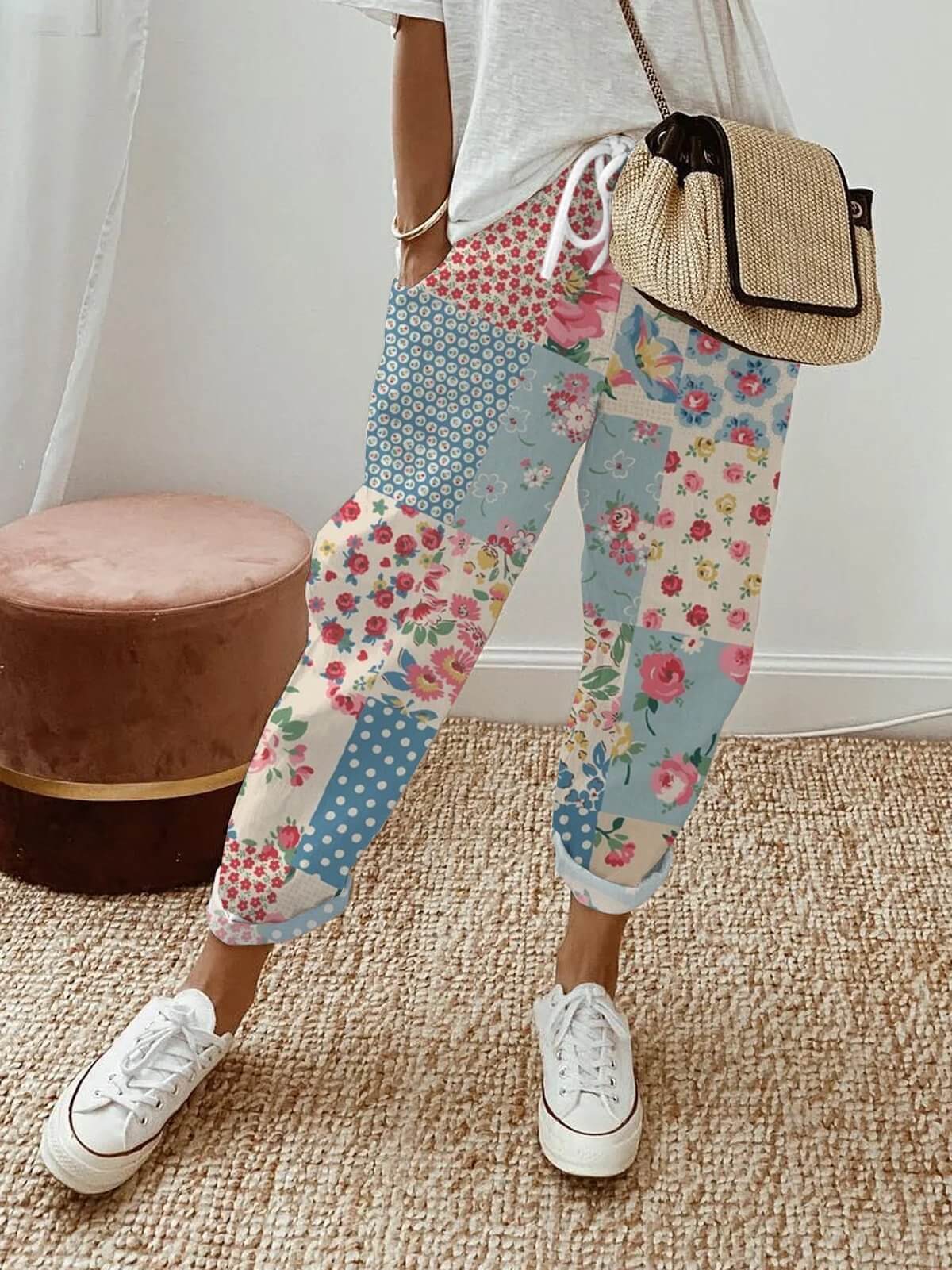 Women's Creative Flower Adjustable Waist Trousers High Waist Straight Pants