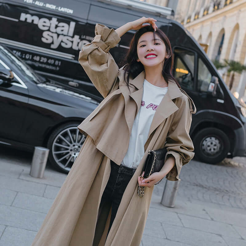 Women's Loose Mid Length Windbreaker Jacket Over The Knee Coat