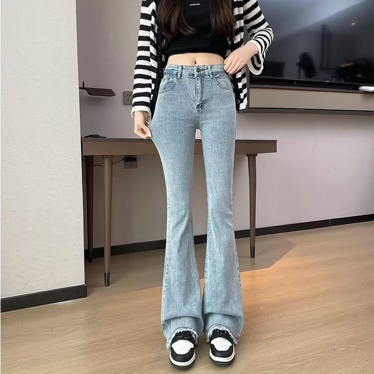 Color Matching Fashionable Elegant Bell Bottom Pants Jeans High Waist Slim Fit Slimming